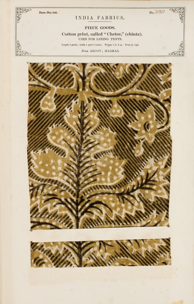 Bomullsprøve med chetee (chintz) trykk fra Arcot i Madras, fra The Collection of the Textile Manufacturers of India, av John Forbes Watson, utgitt i 1866 av Indian School