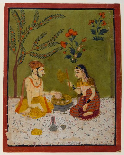 Par sitter under et tre, ca. 1700 (wc og gull på papir) av Indian School