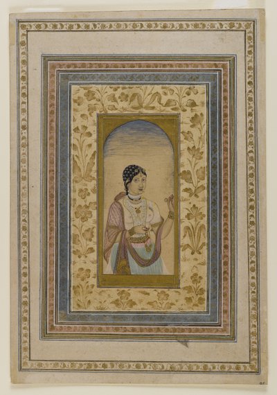 Courtesan in a Window, 1700-tallet (vasker av wc, gull og blekk på papir) av Indian School