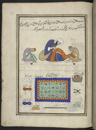Håndverkere som broderer filttepper '(namda),' 86 tegninger bundet inn i et bind som skildrer handel og yrker i Kashmir, Håndverkere vises på jobb med redskaper og utstyr, Av en Kashmir-kunstner, sannsynligvis i Srinagar, ca. 1850-60 (gouache) på s av Indian School