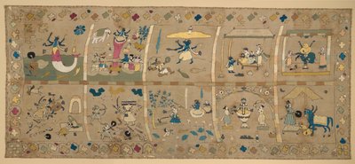 Das Avatars (Ten Avatars of Vishnu) (silke- og metalltråder brodert på bomullsgaze) av Indian School