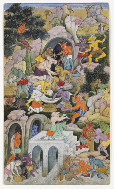 Demons in a Wild Landscape, ca. 1600 (ugjennomsiktig wc og gull på papir) av Indian School