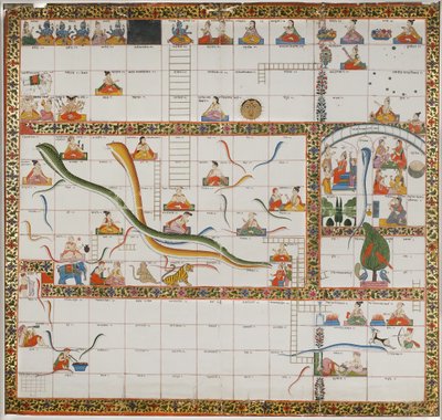 Design for spillet Snakes and Ladders, 1800 (gouache på papir montert på tøy) av Indian School