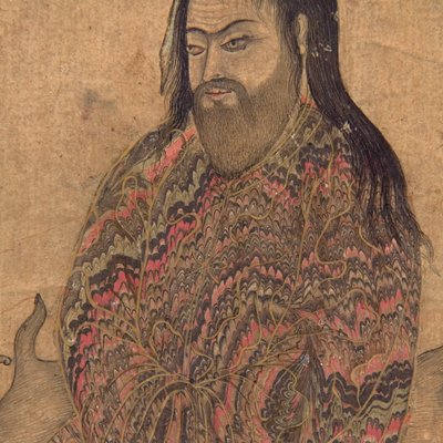 Detalj fra A Dervish, Seated in Contemplation, ca. 1650 (ugjennomsiktig wc og gull på papir) av Indian School