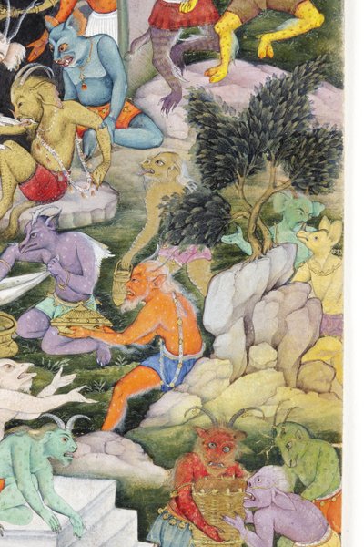 Detalj fra Demons in a Wild Landscape, ca. 1600 (ugjennomsiktig wc og gull på papir) av Indian School