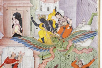 Detalj fra Krishna Cleaves the Demon Narakasura med diskosen sin, ca. 1585-90 (ugjennomsiktig wc og gull på papir) av Indian School
