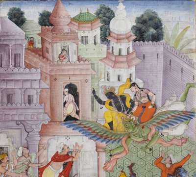 Detalj fra Krishna Cleaves the Demon Narakasura med diskosen sin, ca. 1585-90 (ugjennomsiktig wc og gull på papir) av Indian School