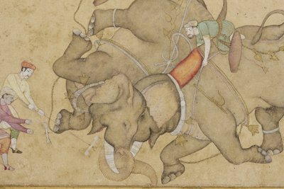 Detalj fra en elefantkamp, med blomster-arabesk på kanten, ca. 1610 (ugjennomsiktig wc og gull på papir) av Indian School