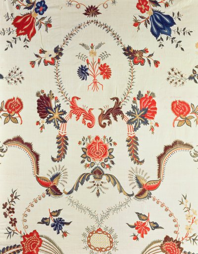 Detalj av brodert stoff, laget for det europeiske markedet, ca. 1725-50 (silke på glasert bomull) av Indian School