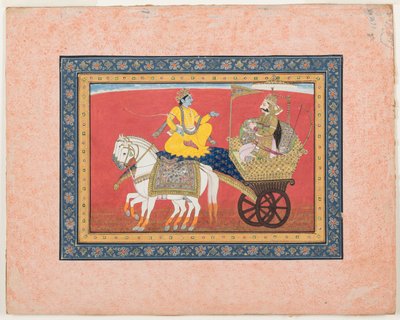 Dialog mellom Krishna og Arjuna på slagmarken i Kurukshetra, ca. 1820 (ugjennomsiktig akvarell og gull på papir) av Indian School