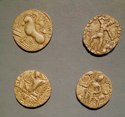 Dinarer av Samudragupta (335-375) Kumaragupta I (415-454) og Chandragupta I (320-335) (gull) av Indian School