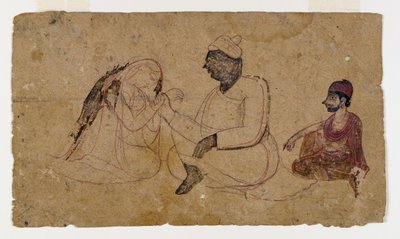 Tegning av tre sittende figurer, ca. 1750 (blekk og farge på papir) av Indian School