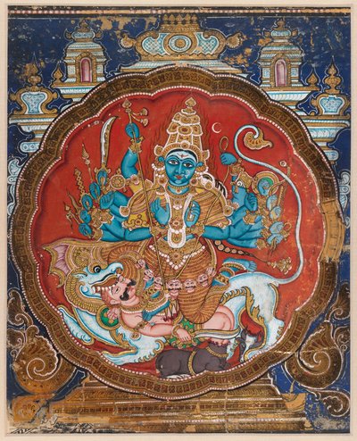 Durga Killing the Buffalo Demon (ugjennomsiktig akvarell pyntet med påførte gull- og lakkstrimler) av Indian School