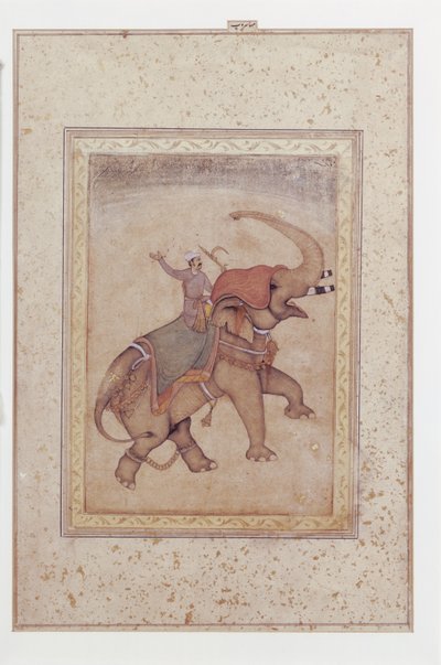 Elefant og mahout (elefantfører), ca. 1595–1600 (Ugjennomsiktig akvarell, blekk og gull på papir) av Indian School