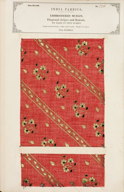 Brodert muslinprøve fra Madras, fra The Collection of the Textile Manufacturers of India, av John Forbes Watson, utgitt i 1866 av Indian School