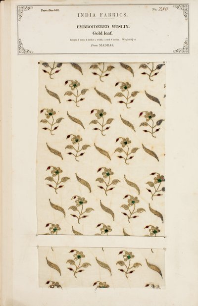 Brodert muslinprøve fra Madras, fra The Collection of the Textile Manufacturers of India, av John Forbes Watson, utgitt i 1866 av Indian School