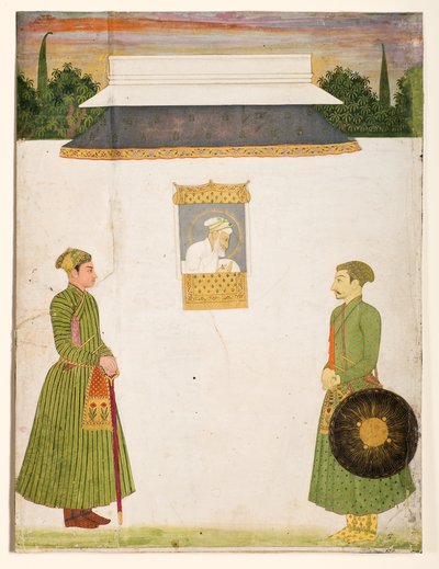 Keiser Aurangzeb ved et jharokha-vindu, to adelsmenn i forgrunnen, ca. 1710 (ugjennomsiktig wc gull på papir) av Indian School