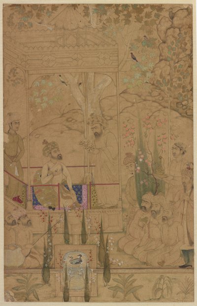 Keiser Babur med tjenere i en hage, ca. 1590 av Indian School