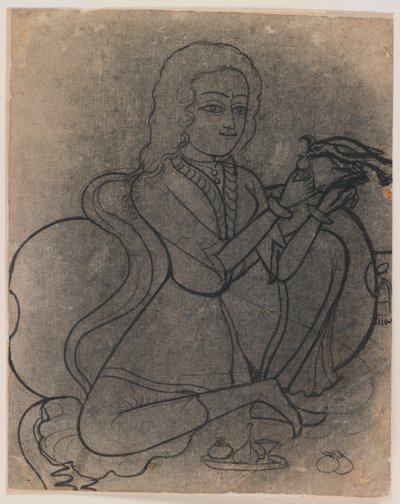 Europeisk jente som mater en papegøye, ca. 1780 (blekk på papir, kastet for overføring) av Indian School