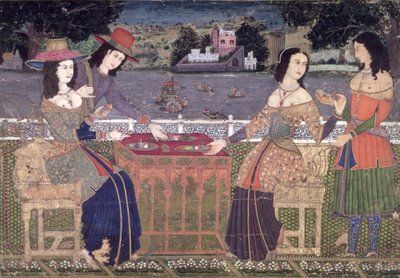 Europeere som forfrisker seg på en balkong, Mughal, muligens Deccan (ugjennomsiktig wc på papir) av Indian School