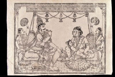 Familiescene (treblokktrykk) av Indian School