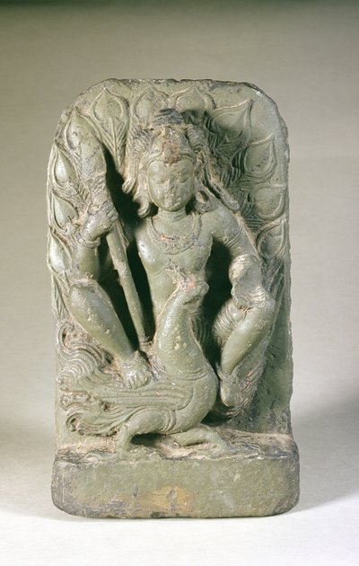 Figur av Skanda med påfuglen hans, Punjab Hills (sandstein) av Indian School