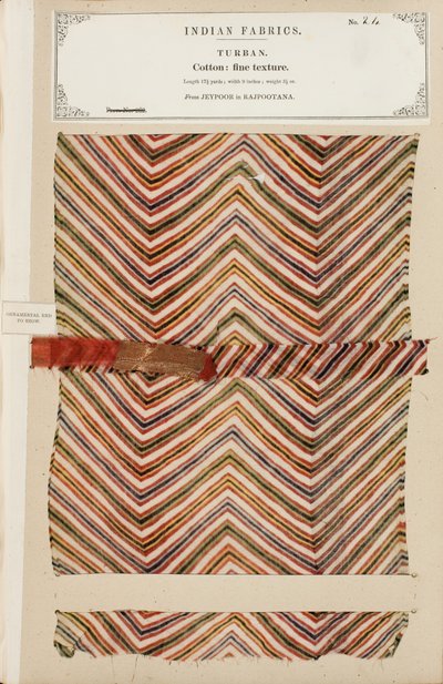 Fin bomullsturbanprøve fra Jeypoor i Rajpootana, fra The Collection of the Textile Manufacturers of India, av John Forbes Watson, utgitt i 1866 av Indian School