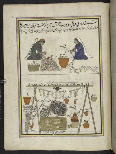 fiskehandlere, kvinner sløying fisk; mann som tørker fisk,  86 tegninger bundet inn i et bind som viser håndverk og yrker i Kashmir, håndverkere vises i arbeid med redskaper og utstyr,  Av en Kashmir-kunstner, sannsynligvis i Srinagar, ca. 1850-60 (gouach av Indian School
