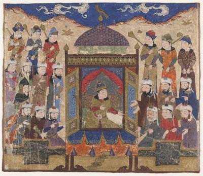 Folio fra en Shahnama (Kongenes bok) av Firdawsi (d. 1020); Kay Khusraw Parwez sittende på Takht-i Taqdis, muligens India, ca. 1425–50 (ugjennomsiktig akvarell og gull på papir) av Indian School