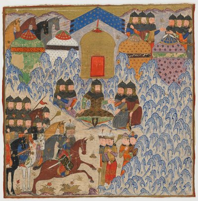 Folio fra en Shahnama (Kongenes bok) av Firdawsi (d.1020); Rustam Encamped, muligens India, ca. 1425-50 (ugjennomsiktig akvarell og gull på papir) av Indian School