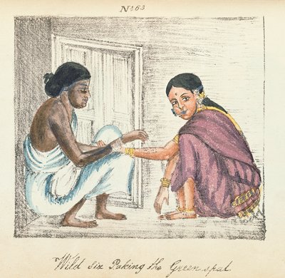 Fortune Teller and woman, fra 'A Digest of the different Castes of India', av Venkata Ramasvani, publiserte Madras 1837 (farge litho) av Indian School