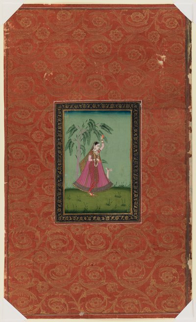 Jente med en hjort, 1875-1900 (ugjennomsiktig wc og gull på papir) av Indian School