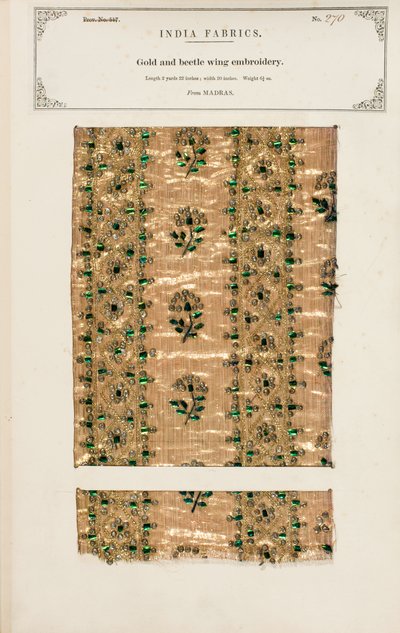 Gull- og billevingebroderiprøve fra Madras, fra 'The Collection of the Textile Manufacturers of India', av John Forbes Watson, utgitt i 1866 (blandet media) av Indian School