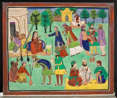 Gouache av en Amritsar-kunstner som skildrer røykingen av Charras, en type indisk hamp importert til Nord-India fra Øst-Turkestan, ca. 1870 (gouache på papir) av Indian School