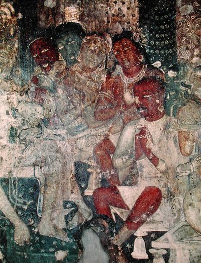 Gruppe med figurer, fra det indre av Cave 16 (fresco) av Indian School