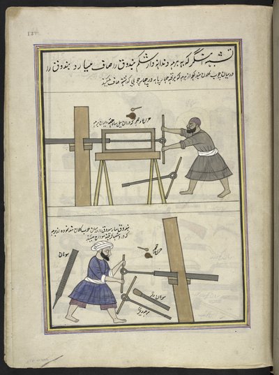 Våpensmeder som kjeder et våpenløp,  86 tegninger bundet inn i et bind som viser handel og yrker i Kashmir, håndverkere vises i arbeid med redskaper og utstyr,  Av en Kashmir-kunstner, sannsynligvis i Srinagar, ca. 1850-60 (gouache på papir) av Indian School