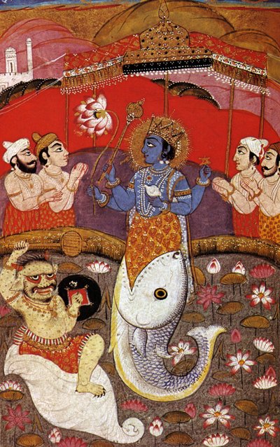 HINDUISME Vishnu, andre guddom av den hinduistiske treenigheten, 20. århundre (trykk) av Indian School