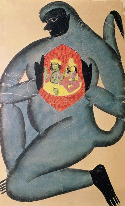 Hanuman avslører Rama og Sita nedfelt i hjertet hans, malt av et medlem av Patua-kasten, 1880 av Indian School