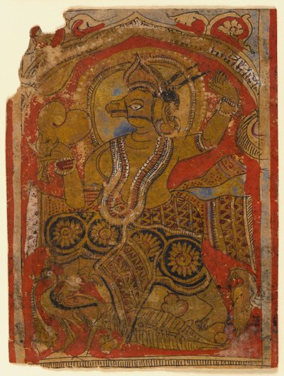 Harinegameshin bærer embryoet, fragment av et blad fra en spredt Kalpasutra (wc og gull på papir) av Indian School