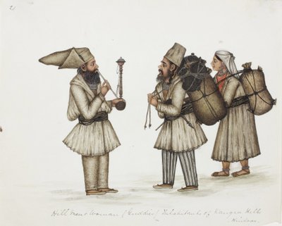 Hill Men and Woman (Guddies) Inhabitants of Kangra Hills Hindoos, ca. 1840 (ugjennomsiktig wc på papir) av Indian School