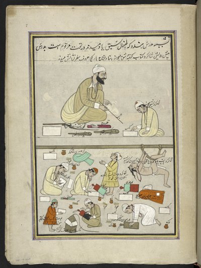 Hindu lærer med elever,  86 tegninger bundet inn i et bind som viser handel og yrker i Kashmir, håndverkere vises i arbeid med redskaper og utstyr,  Av en Kashmir-kunstner, sannsynligvis i Srinagar, ca. 1850-60 (gouache på papir) av Indian School