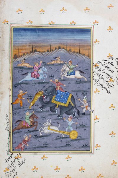 Jaktscene, Rajasthani miniatyrmaleri av Indian School