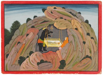 Illustrasjon til Bhagavata Purana: Jambavan gir Symantaka-juvelen til datteren sin å spille, ca. 1760-65 av Indian School