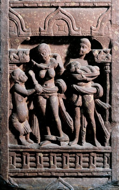 Indisk kunst: Sundarananda (Nanda) hjelper Sundari med toalettet sitt. Periode Kouchane (Kushan eller Kushan) av Indian School