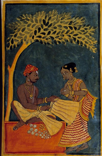 Indisk kunst: en stoffhandler. Akvarell rundt 1760. Paris, B.N. av Indian School