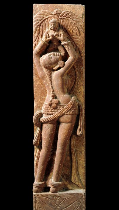 Indisk kunst: relieffstrømper som representerer en mor og hennes barn. Periode Kouchane (Kouchan eller Kushan) 1. århundre - New Delhi, nasjonalmuseum av Indian School