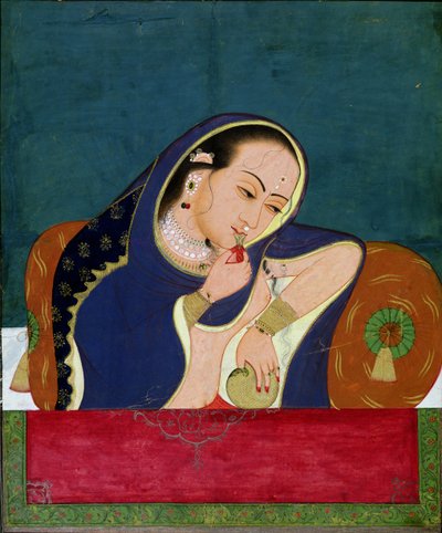 Beruset dame ved et vindu, sent på 1700-tallet (ugjennomsiktig wc og gull på papir) av Indian School