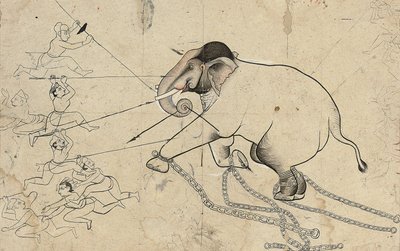 Isarda eller kotah forberedende tegning av temming av en elefant, ca. 1720 av Indian School