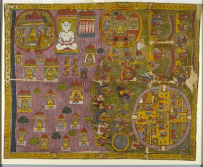 Jain pilegrimsreise, laget i Rajasthan, ca. 1750 (ugjennomsiktig wc og gull på tøy) av Indian School