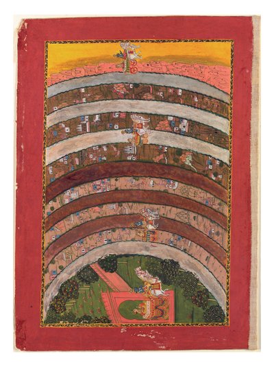 Reiser gjennom ukjente land, fra Krishnas reiser i sin vogn, ca. 1750 (ugjennomsiktig wc, gull og sølv på papir) av Indian School